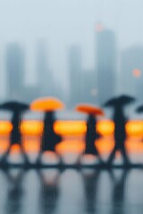 Business silhouettes behind rain-slicked glass wall, motion blur, city lights, umbrellas