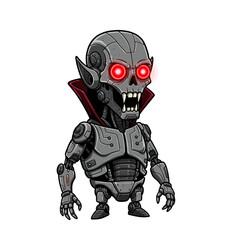 Creepy robot vampire with glowing red eyes and sharp fangs