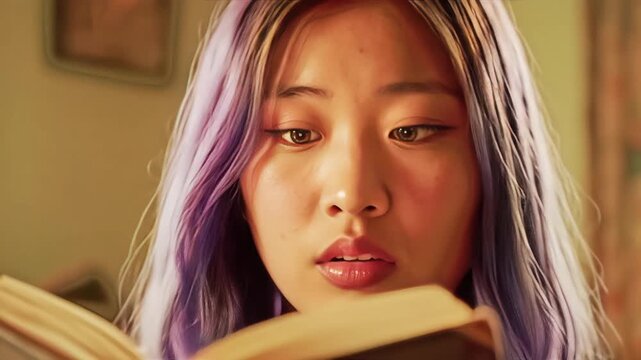 A woman with violet hair reads a book, looking intently