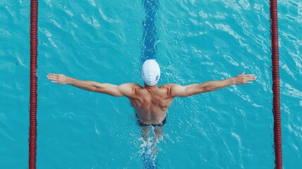 A swimmer glides through clear blue water, arms extended, showcasing athleticism and grace in a competitive swimming environment.
