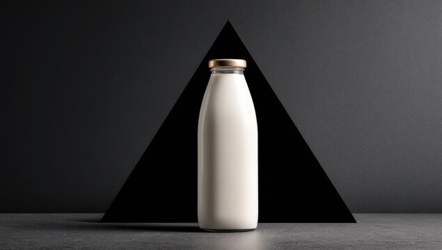 Milk bottle against a dark triangle backdrop. Gold top, minimalist aesthetic