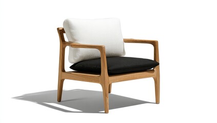 Fototapeta premium Modern wooden armchair with black and white cushions casting a shadow