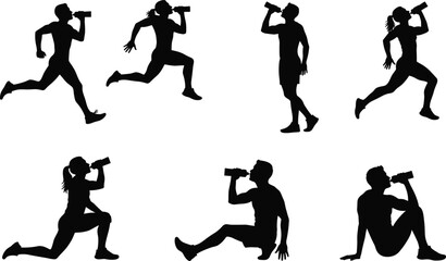 PrintSilhouette of athletes drinking water, running, workout exercise, fitness hydration, gym training, sports health, man and woman jogging illustration