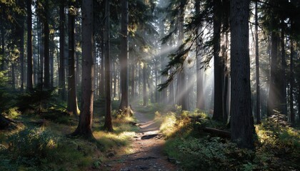 Obraz premium Morning In The Woods: Beauty Of Nature, Sunrays Peeking Through The Tree Trunks On A Forest Path, Captivating Scenery.