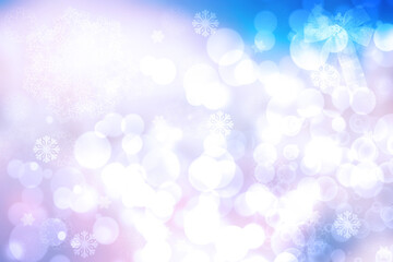 Abstract blurred festive delicate winter christmas or Happy New Year background with shiny light blue pink and white bokeh lighted stars. Space. Card concept.