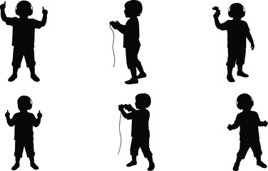 PrintSilhouette of children wearing headphones, playing video games with controllers, isolated kids gaming poses, digital entertainment, childhood fun, technology lifestyle