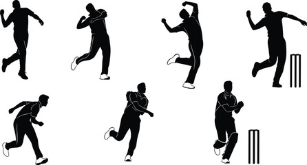 PrintSilhouette of cricket bowler in action, sports player bowling, cricket match illustration, athlete throwing ball, professional cricket game, competition