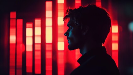 A man's profile silhouetted against vibrant red and orange vertical light bars in a dark setting
