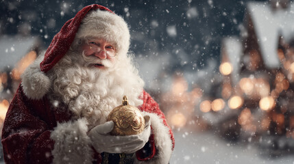 Santa claus holding christmas ornament in falling snow