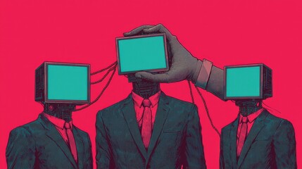 A surreal illustration depicting three suited figures with TV screens for heads, manipulated by a giant hand, symbolizing themes of control and media influence.