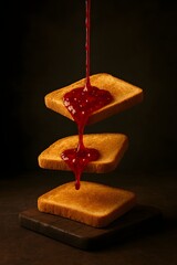 Glass Jar Pouring Bright Jam Over Floating Toast