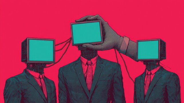 A surreal illustration depicting three suited figures with TV screens for heads, manipulated by a giant hand, symbolizing themes of control and media influence.