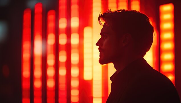 Silhouette of a man's profile against a backdrop of vibrant, vertical red light streaks