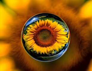Macro close-up of sunflower reflection inside a water droplet with golden yellow blurred background, summer floral nature