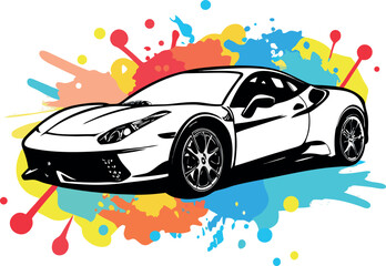 Vector illustration of a fast sports car with a colorful background, perfect for transport and automobile design projects