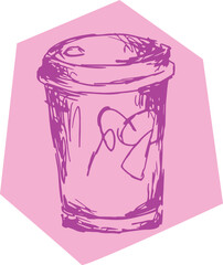 A plastic cup drawn with purple lines in a pencil sketch style with a pink polygonal fill