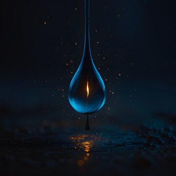 A single, luminous water droplet suspended in darkness, reflecting a warm, glowing light within its translucent form, with tiny particles of light scattered around it