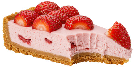 Delicious strawberry cheesecake slice isolated, creamy dessert with graham cracker crust and fresh fruit topping for food photography