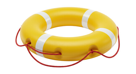 Yellow life buoy with rope isolated, safety equipment for swimming pool or beach in PNG format