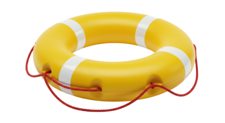 Yellow life buoy with rope isolated, safety equipment for swimming pool or beach in PNG format