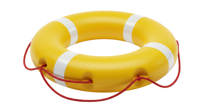 Yellow life buoy with rope isolated, safety equipment for swimming pool or beach in PNG format