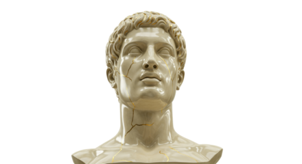 Cracked marble bust of a man with gold veins isolated, kintsugi art concept for resilience and overcoming adversity