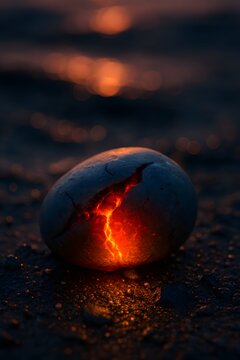 A glowing stone with a fiery crack on a dark, textured surface, illuminated by the warm light of sunset reflecting on water in the background