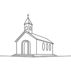 Simple line drawing of a small church building with a steeple