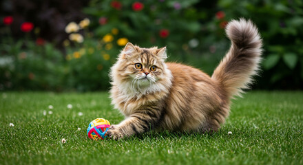 A playful ginger cat with a ball amidst vibrant greenery in a garden