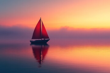 A lone sailboat with a red sail navigates calm waters against a vibrant, misty sunset sky