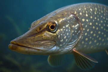Fototapeta premium Closeup view of a pike fish swimming underwater with spotted body.