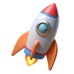 Cartoon rocket ship launching with orange fins and blue window