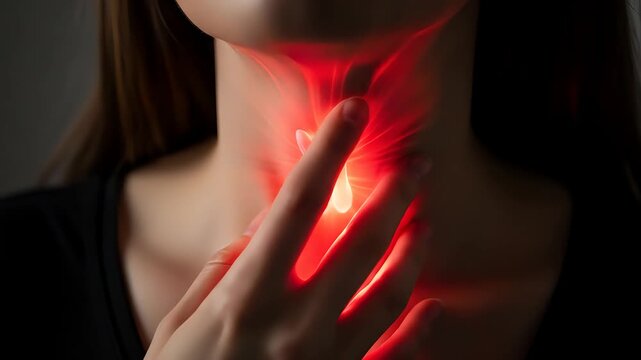 A woman touching her throat with a glowing red thyroid illustration indicating pain