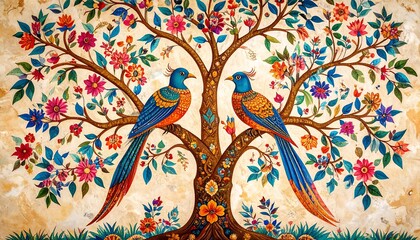Whimsical Birds Perched on a Flowering Tree with Folk Art Style Illustration.