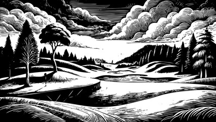 Golfer Teeing Off at Dawn with a Scenic Course Backdrop