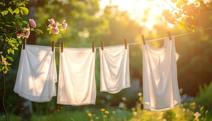 Whites hang on a clothesline in the warm sunlight, with soft focus foliage in the background