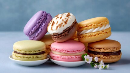 Fototapeta premium Colorful macaron variation with different flavors and fillings