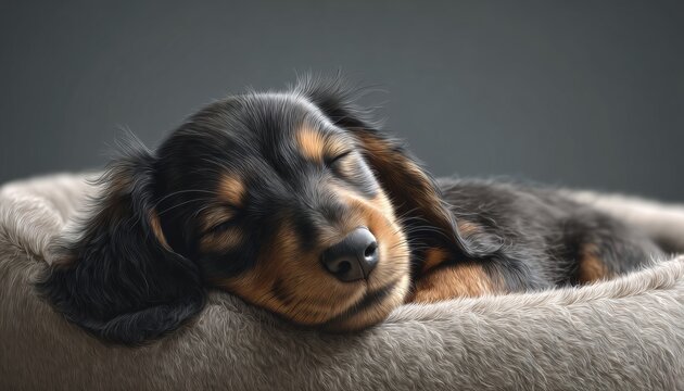 Long-Haired Dachshund Puppy Enjoying A Nap In Her Cozy Bed - Adorable Image Of A Resting Puppy With Flowing Fur.