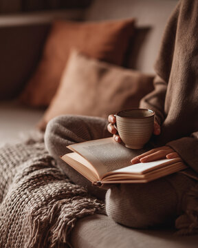 Ultimate Cozy Hygge Scene: Faceless Person Relaxing Cross-Legged on a Sofa with Book and Hot Coffee, Concept of Weekend Chill, Relaxation, Mental Health, and Scandinavian Comfort