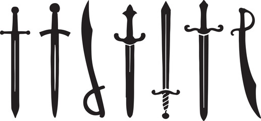 PrintCollection of silhouetted swords and blades on white background