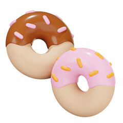 Two Delicious 3D Rendered Donuts with Brown and Pink Icing and Sprinkles on Transparent Background