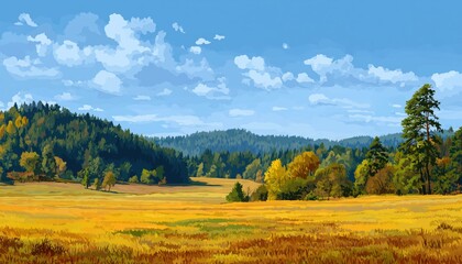 Obraz premium Gorgeous Autumn Scene With Meadow, Fields, Trees, Pine Forest, Hills, Blue Sky, And Clouds. Perfect For Enjoying The Fall Season.