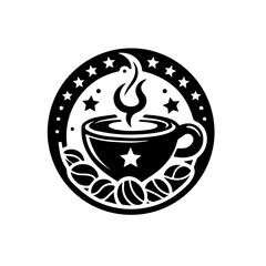 A stylized black and white illustration of a steaming cup of coffee surrounded by coffee beans and stars within a circular frame.