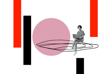 Composite photo collage of happy girl freelancer type macbook business worker development social media isolated on painted background