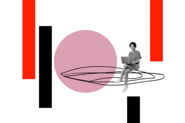 Composite photo collage of happy girl freelancer type macbook business worker development social media isolated on painted background