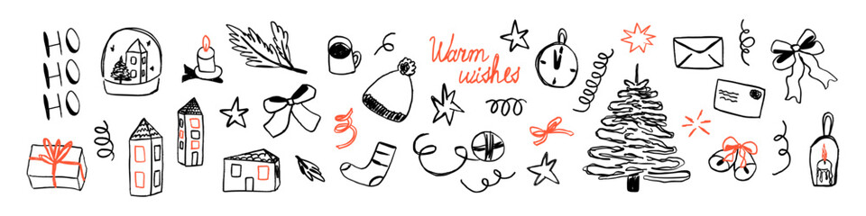 Set of hand drawn Christmas sketches. Decorative doodle elements with chalk, charcoal vintage texture such as bow, ribbon, stars, pine branch and candles. Contemporary naive vector illustration