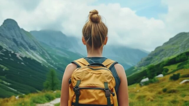 Woman with backpack walks on a trail surrounded by majestic green mountains under a cloudy sky, embracing nature's beauty and adventure.