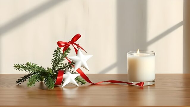 A vibrant Christmas table setting with candles and gold decorations sits beside a festive tree adorned with a red ribbon and ornaments