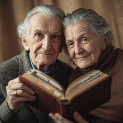 Elderly couple smiling while holding a photo album indoors  