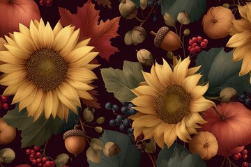Painterly watercolor style hand-drawn seamless pattern featuring large vibrant sunflowers with muted forest leaves, colored autumn leaves, wild berries, and acorns, in the warm fall color palette 